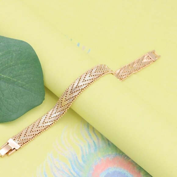 "Rose Gold Woven Pattern Bracelet with Beaded Edge, XPBL1127 - Picture 5 of 12